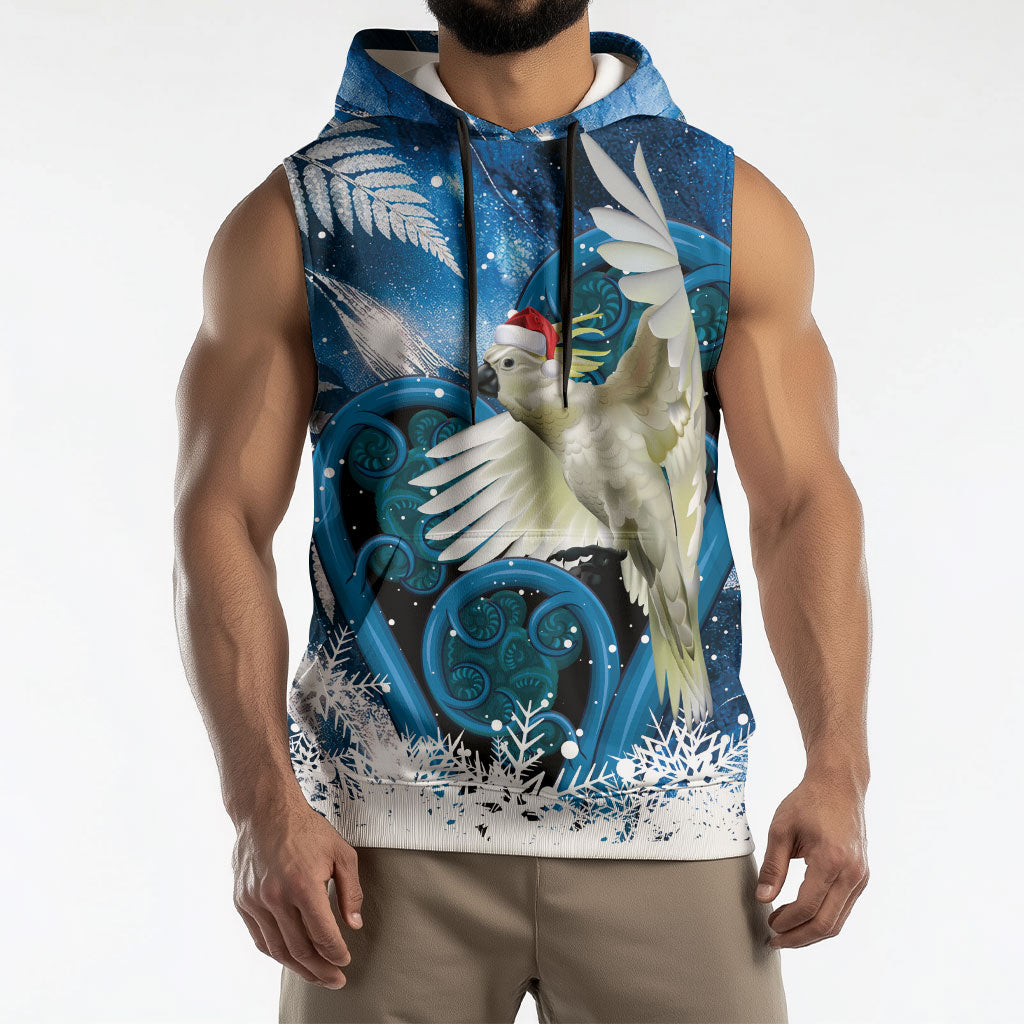 Sulphur-crested Cockatoo New Zealand Christmas In July Sleeveless Hoodie NZ Aroha Koru Fern Marble Vibes