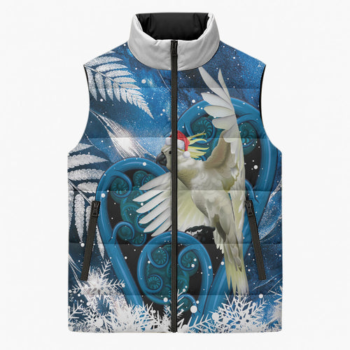 Sulphur-crested Cockatoo New Zealand Christmas In July Sleeveless Puffer Jacket NZ Aroha Koru Fern Marble Vibes