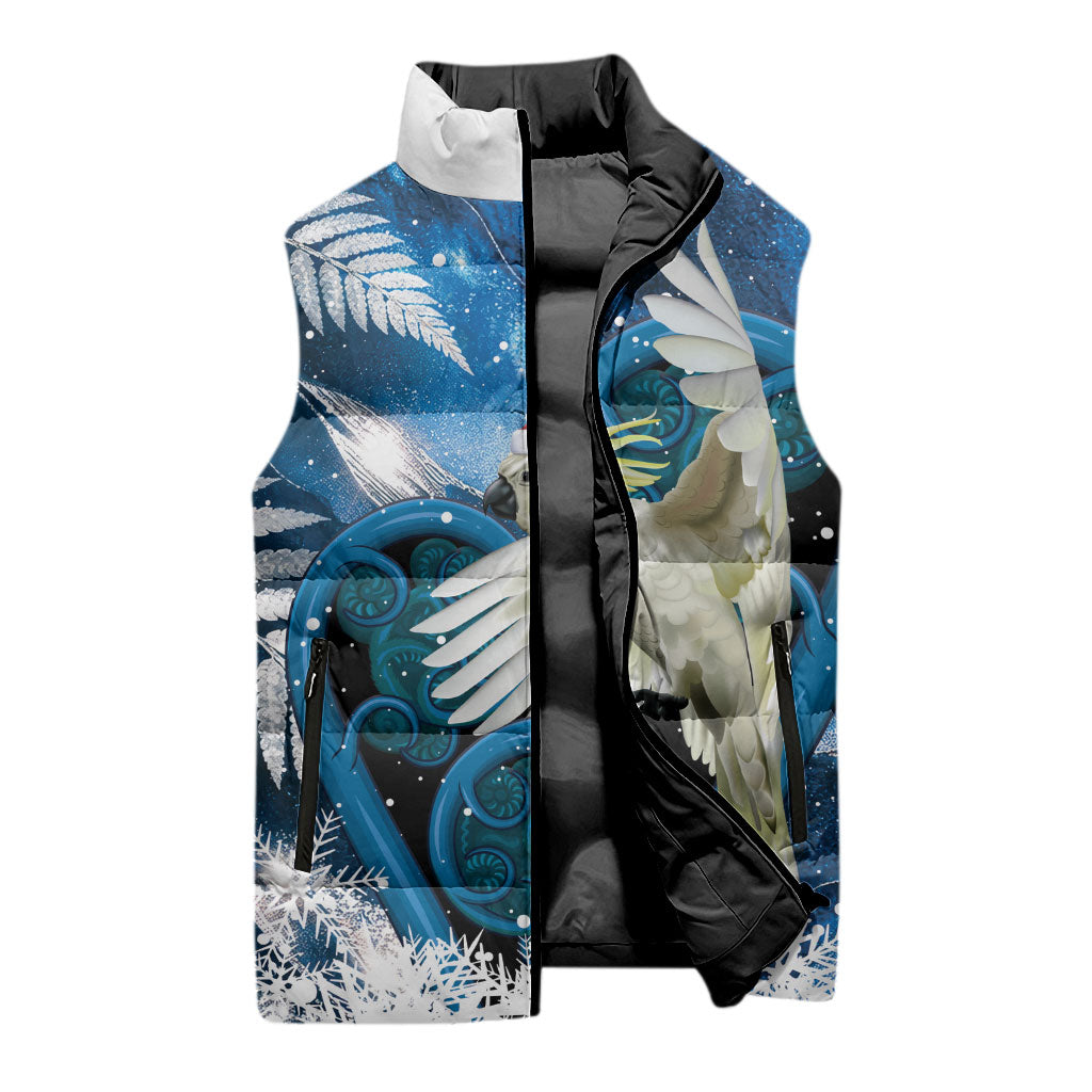 Sulphur-crested Cockatoo New Zealand Christmas In July Sleeveless Puffer Jacket NZ Aroha Koru Fern Marble Vibes