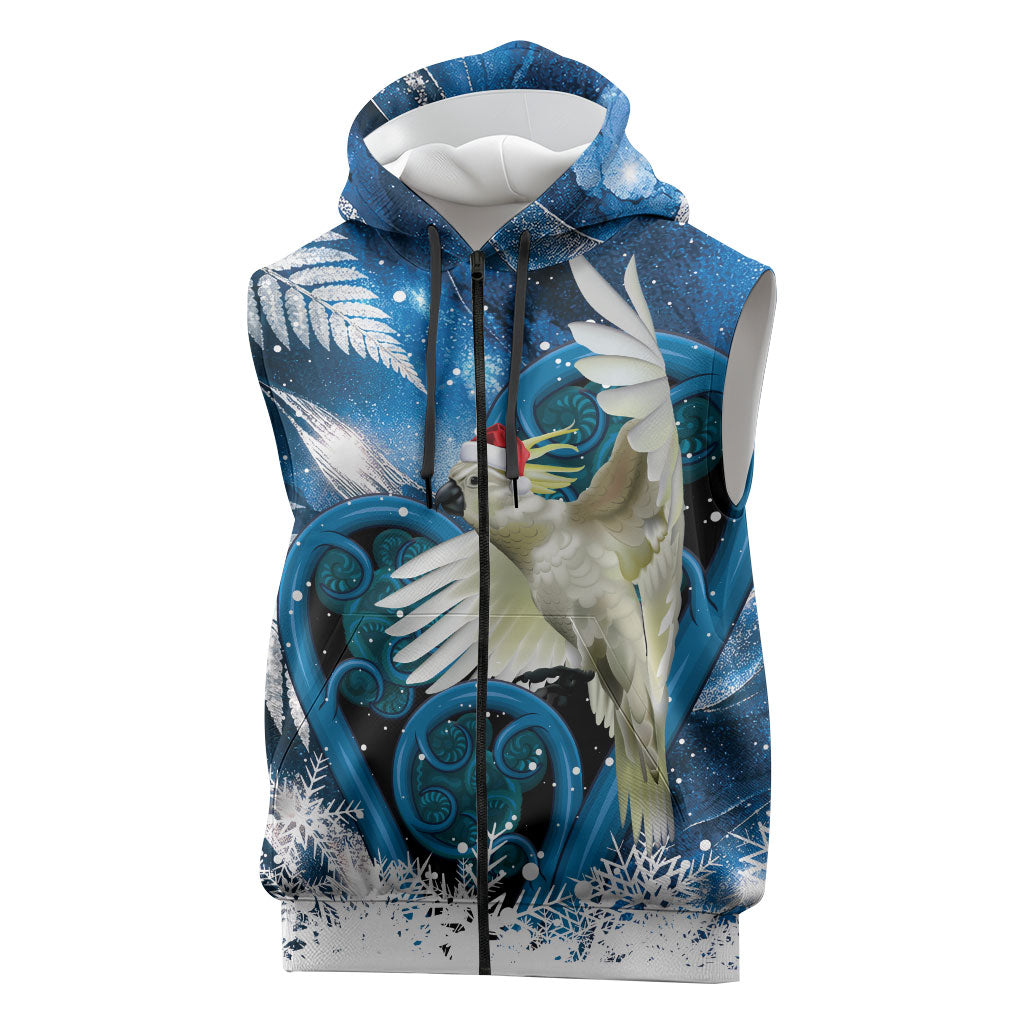Sulphur-crested Cockatoo New Zealand Christmas In July Sleeveless Zip Hoodie NZ Aroha Koru Fern Marble Vibes