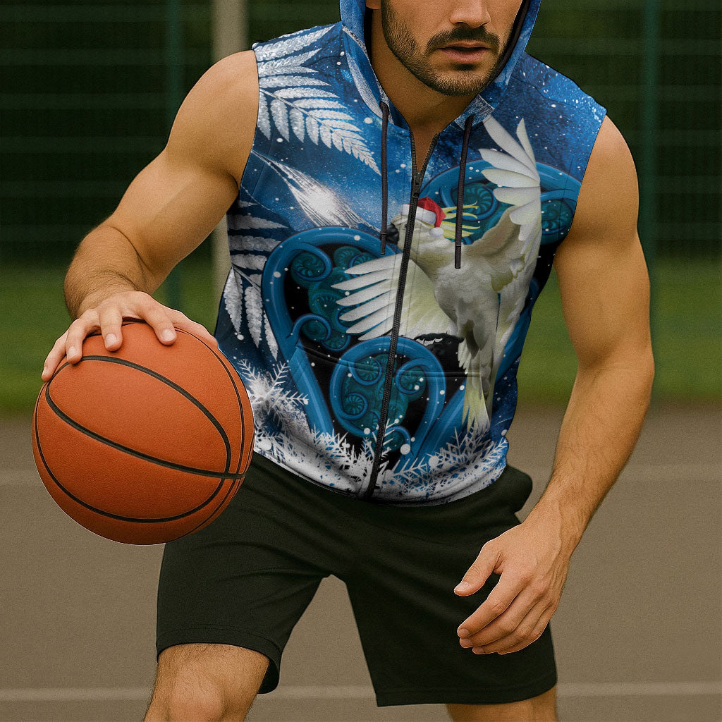Sulphur-crested Cockatoo New Zealand Christmas In July Sleeveless Zip Hoodie NZ Aroha Koru Fern Marble Vibes
