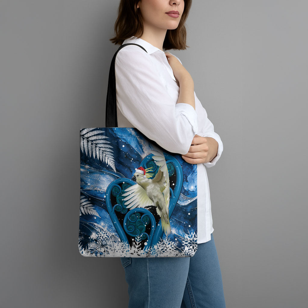 Sulphur-crested Cockatoo New Zealand Christmas In July Tote Bag NZ Aroha Koru Fern Marble Vibes