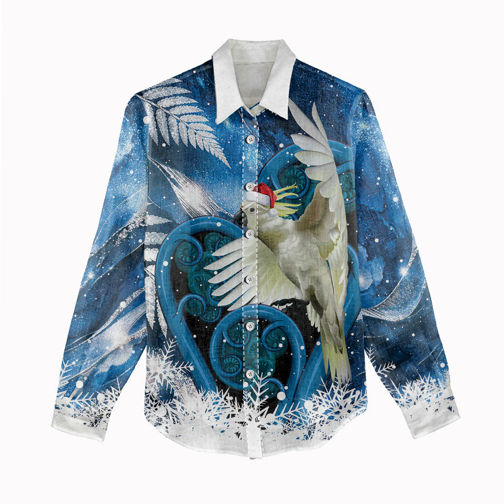 Sulphur-crested Cockatoo New Zealand Christmas In July Women Casual Shirt NZ Aroha Koru Fern Marble Vibes