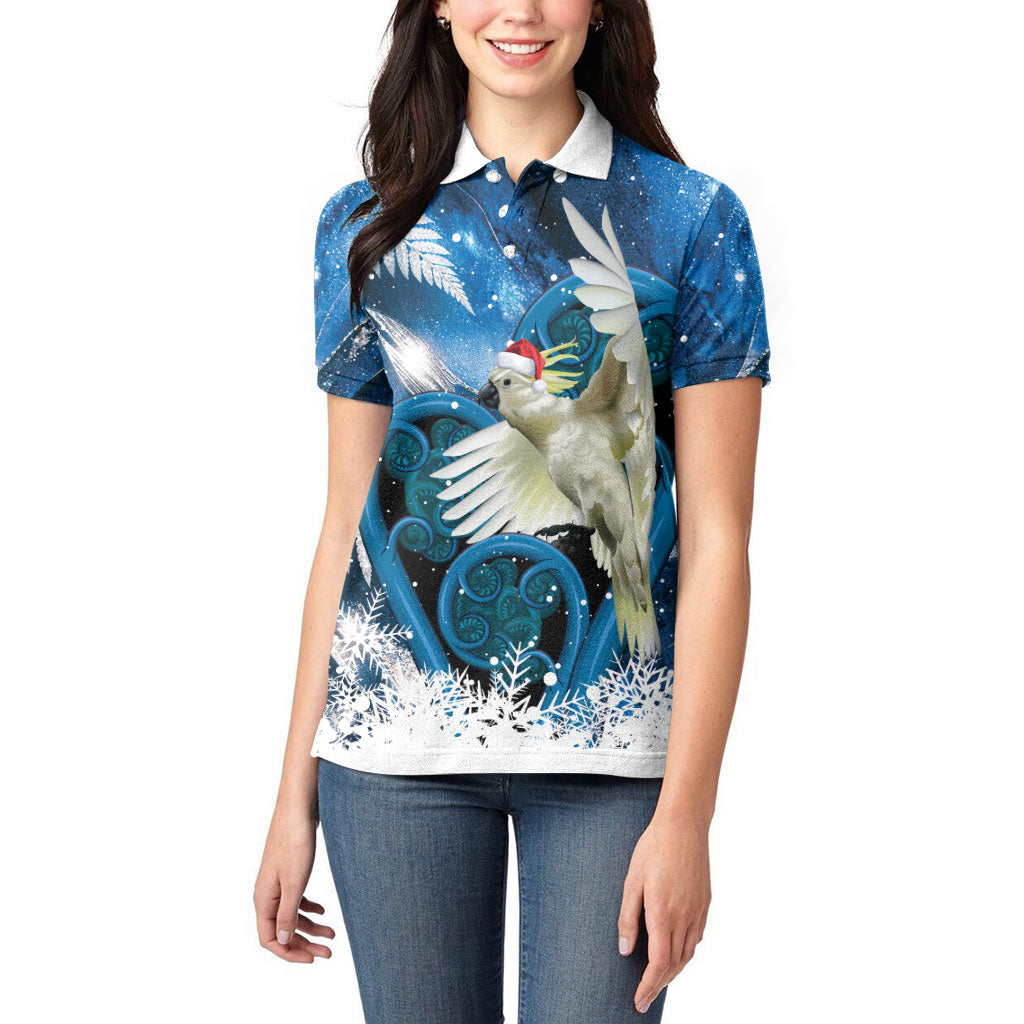 Sulphur-crested Cockatoo New Zealand Christmas In July Women Polo Shirt NZ Aroha Koru Fern Marble Vibes
