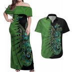 Personalised New Zealand Darts Couples Matching Off Shoulder Maxi Dress and Hawaiian Shirt Aotearoa Maori Fern Mix Manaia Tattoo