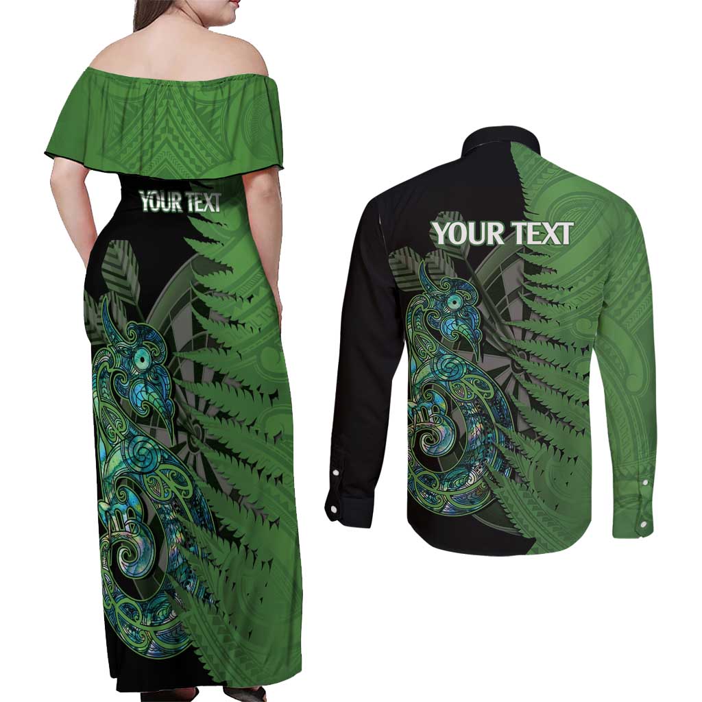 Personalised New Zealand Darts Couples Matching Off Shoulder Maxi Dress and Long Sleeve Button Shirt Aotearoa Maori Fern Mix Manaia Tattoo