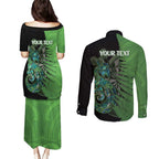 Personalised New Zealand Darts Couples Matching Puletasi and Long Sleeve Button Shirt Aotearoa Maori Fern Mix Manaia Tattoo
