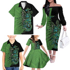 Personalised New Zealand Darts Family Matching Off The Shoulder Long Sleeve Dress and Hawaiian Shirt Aotearoa Maori Fern Mix Manaia Tattoo