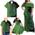 Personalised New Zealand Darts Family Matching Off Shoulder Maxi Dress and Hawaiian Shirt Aotearoa Maori Fern Mix Manaia Tattoo