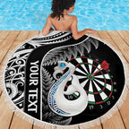 Personalised New Zealand Darts Beach Blanket Aotearoa Fern Mix Paua Shell Manaia - Black