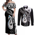 Personalised New Zealand Darts Couples Matching Off Shoulder Maxi Dress and Long Sleeve Button Shirt Aotearoa Fern Mix Paua Shell Manaia - Black