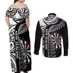 Personalised New Zealand Darts Couples Matching Off Shoulder Maxi Dress and Long Sleeve Button Shirt Aotearoa Fern Mix Paua Shell Manaia - Black