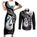 Personalised New Zealand Darts Couples Matching Short Sleeve Bodycon Dress and Long Sleeve Button Shirt Aotearoa Fern Mix Paua Shell Manaia - Black