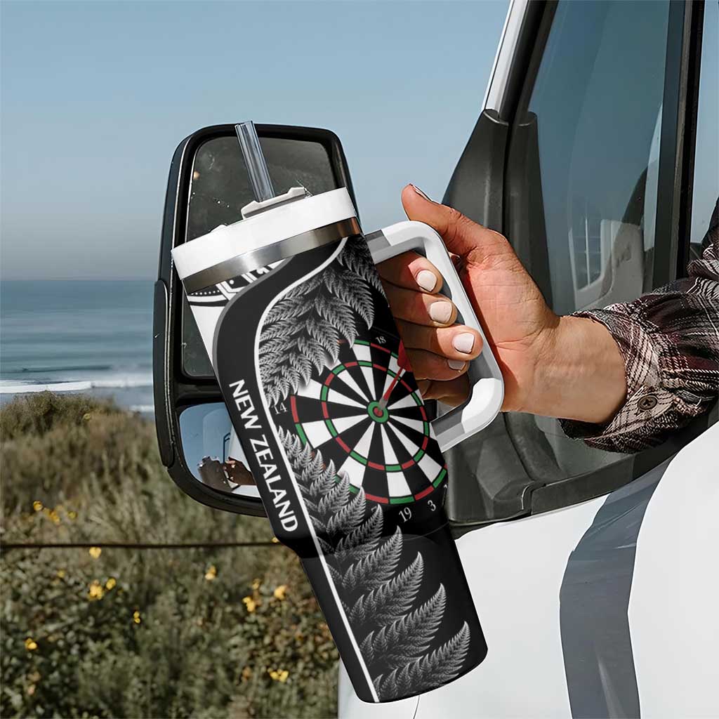 Personalised New Zealand Darts Tumbler With Handle Aotearoa Fern Mix Paua Shell Manaia - Black