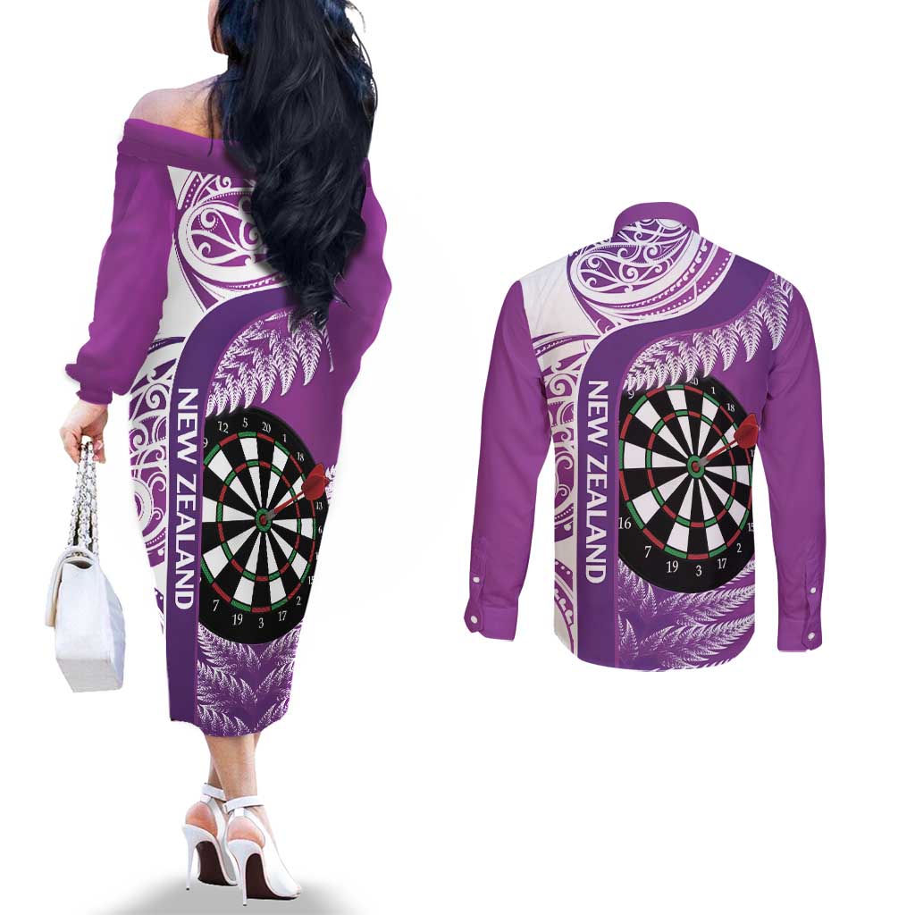 Personalised New Zealand Darts Couples Matching Off The Shoulder Long Sleeve Dress and Long Sleeve Button Shirt Aotearoa Fern Mix Paua Shell Manaia - Purple