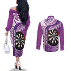 Personalised New Zealand Darts Couples Matching Off The Shoulder Long Sleeve Dress and Long Sleeve Button Shirt Aotearoa Fern Mix Paua Shell Manaia - Purple