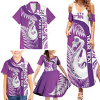 Personalised New Zealand Darts Family Matching Summer Maxi Dress and Hawaiian Shirt Aotearoa Fern Mix Paua Shell Manaia - Purple