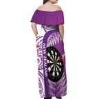 Personalised New Zealand Darts Off Shoulder Maxi Dress Aotearoa Fern Mix Paua Shell Manaia - Purple