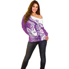 Personalised New Zealand Darts Off Shoulder Sweater Aotearoa Fern Mix Paua Shell Manaia - Purple