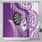 Personalised New Zealand Darts Shower Curtain Aotearoa Fern Mix Paua Shell Manaia - Purple