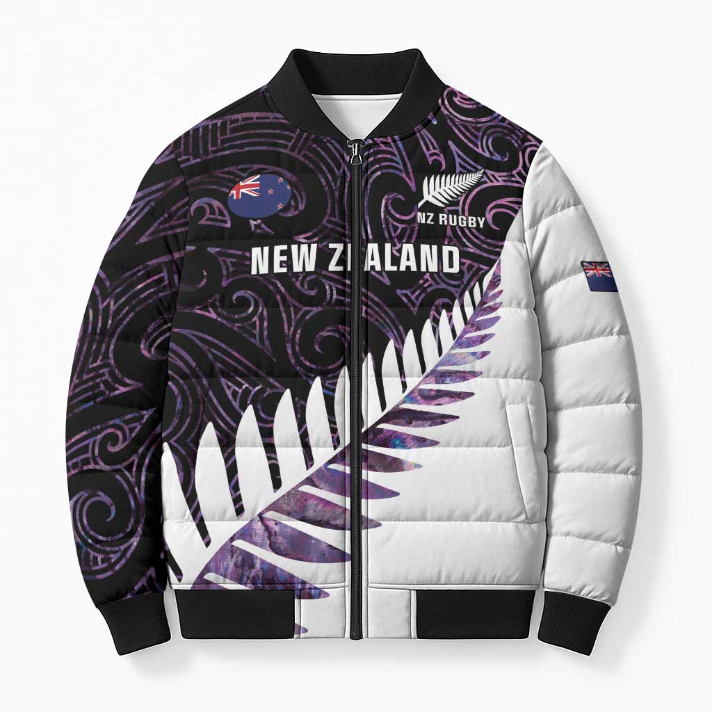 New Zealand Silver Fern Rugby Custom Bomber Puffer Jacket Go All Black Purple Maori Paua Shell - Aussie Hoodie