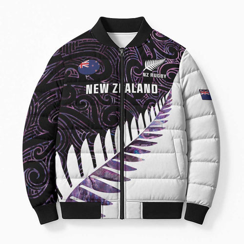 New Zealand Silver Fern Rugby Custom Bomber Puffer Jacket Go All Black Purple Maori Paua Shell - Aussie Hoodie