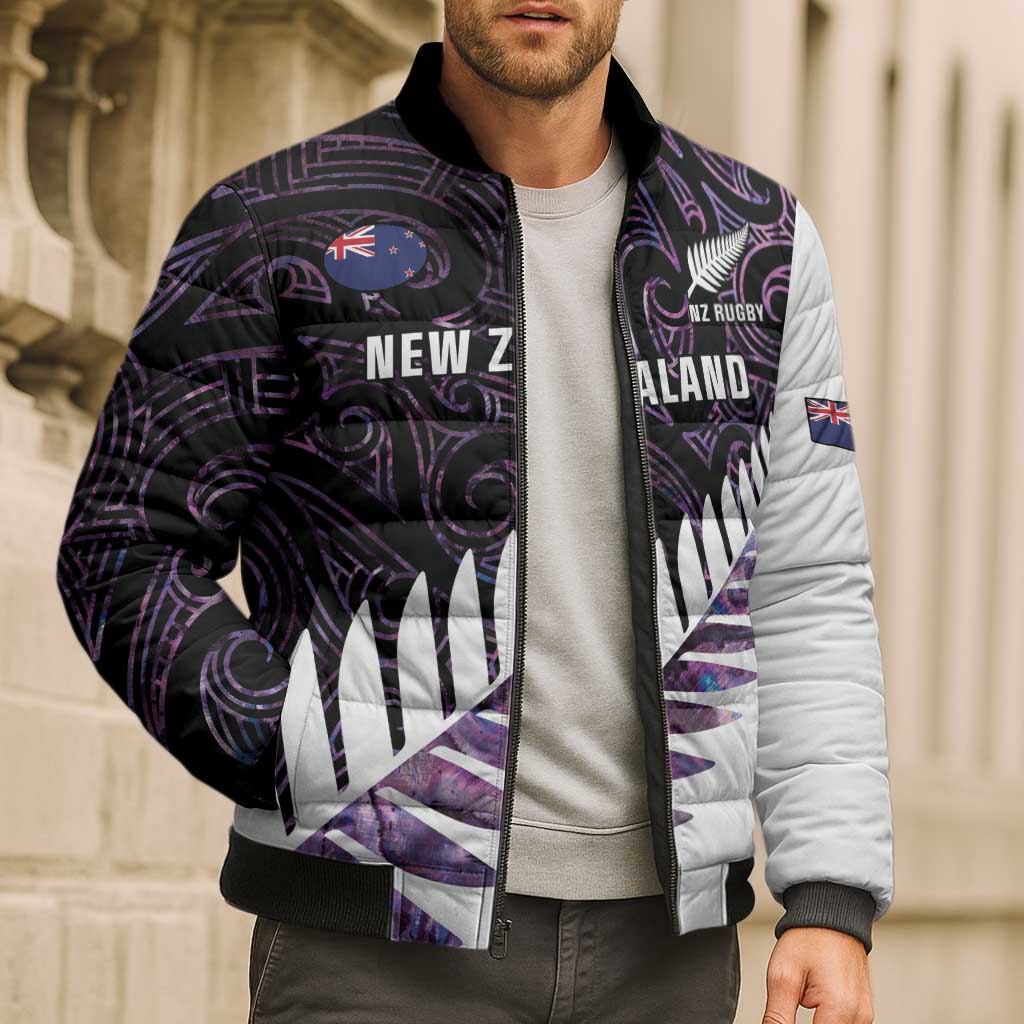 New Zealand Silver Fern Rugby Custom Bomber Puffer Jacket Go All Black Purple Maori Paua Shell - Aussie Hoodie