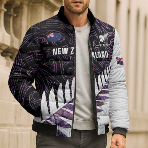 New Zealand Silver Fern Rugby Custom Bomber Puffer Jacket Go All Black Purple Maori Paua Shell - Aussie Hoodie