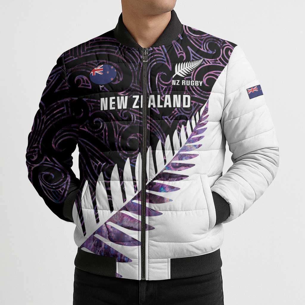 New Zealand Silver Fern Rugby Custom Bomber Puffer Jacket Go All Black Purple Maori Paua Shell - Aussie Hoodie