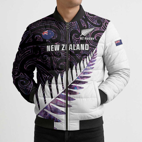 New Zealand Silver Fern Rugby Custom Bomber Puffer Jacket Go All Black Purple Maori Paua Shell - Aussie Hoodie