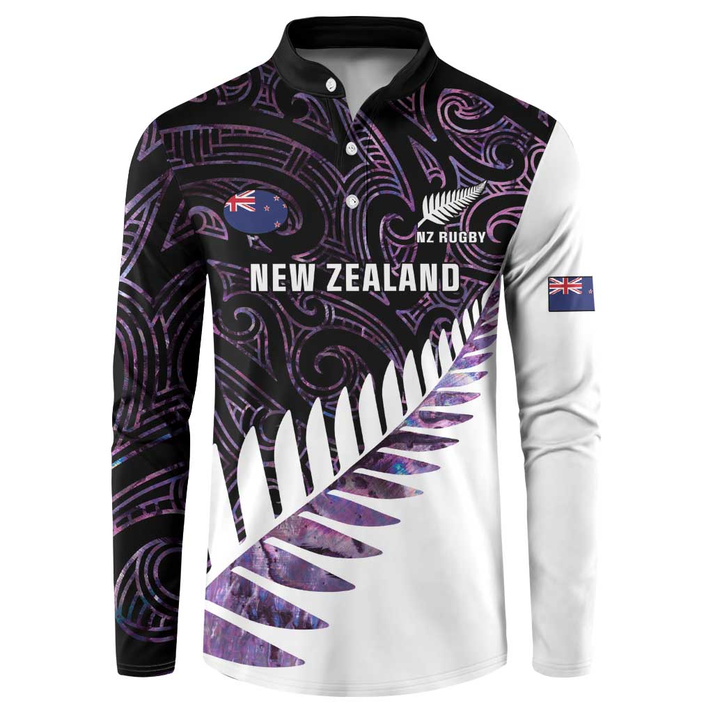 New Zealand Silver Fern Rugby Custom Button Sweatshirt Go All Black Purple Maori Paua Shell - Aussie Hoodie