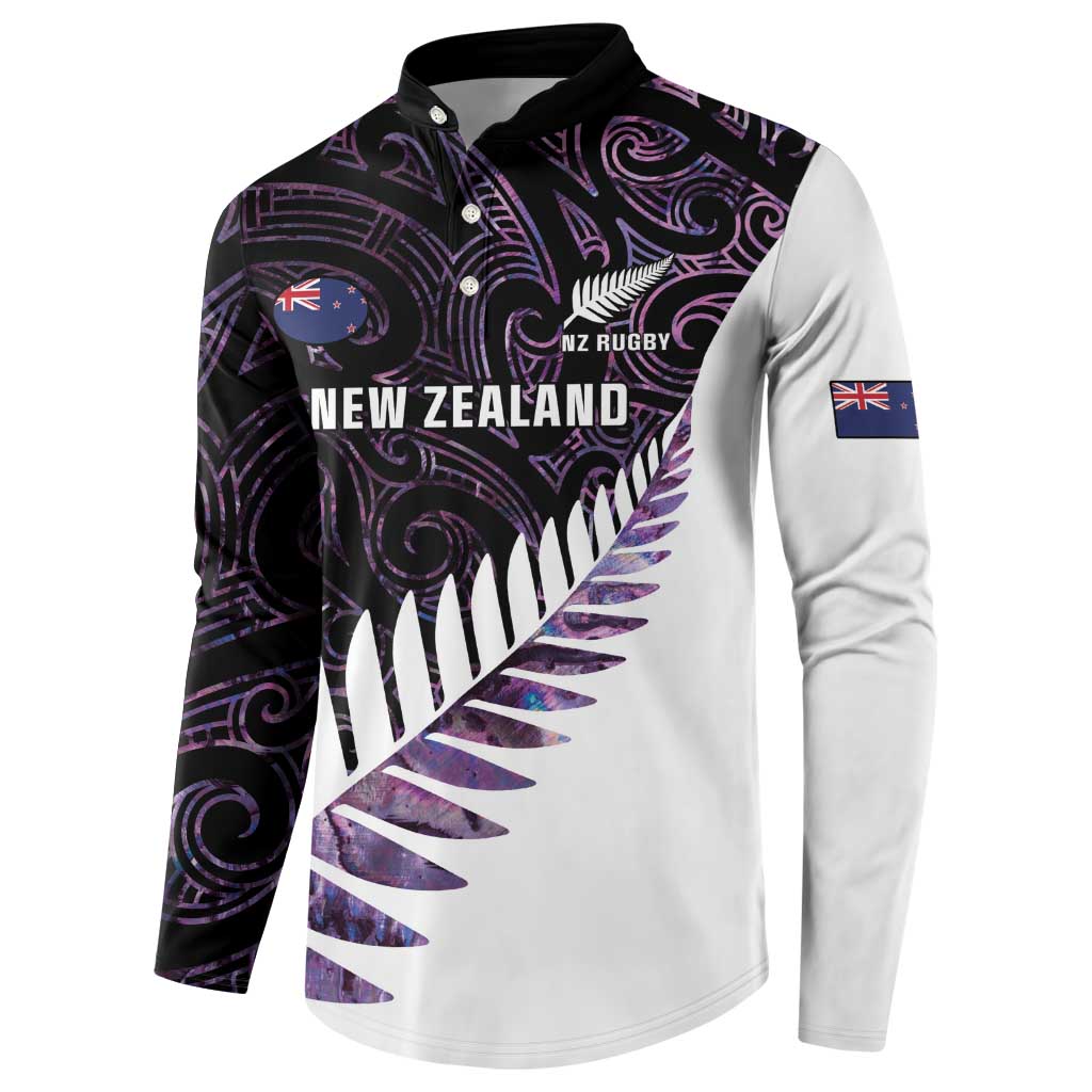 New Zealand Silver Fern Rugby Custom Button Sweatshirt Go All Black Purple Maori Paua Shell - Aussie Hoodie