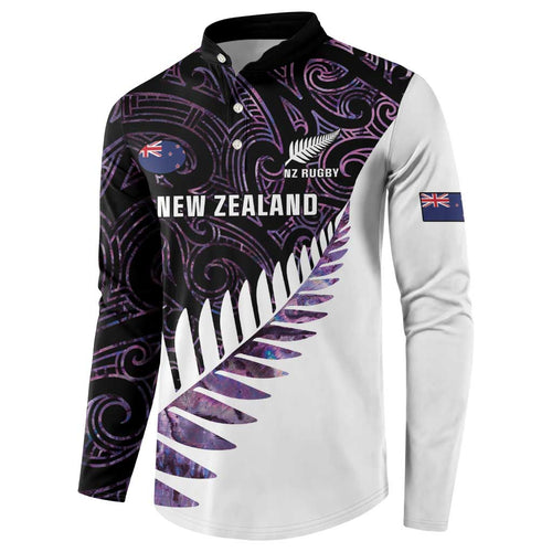 New Zealand Silver Fern Rugby Custom Button Sweatshirt Go All Black Purple Maori Paua Shell - Aussie Hoodie