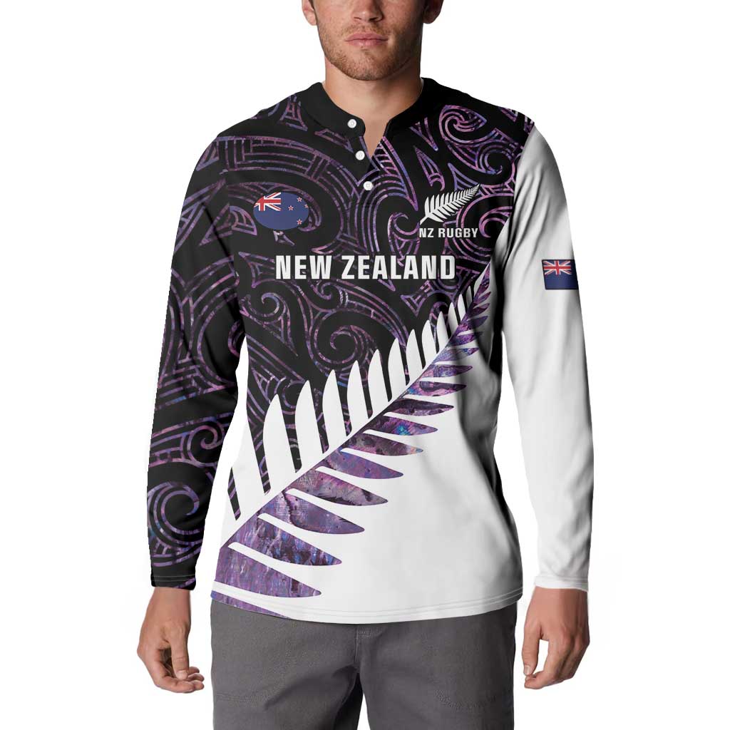 New Zealand Silver Fern Rugby Custom Button Sweatshirt Go All Black Purple Maori Paua Shell - Aussie Hoodie