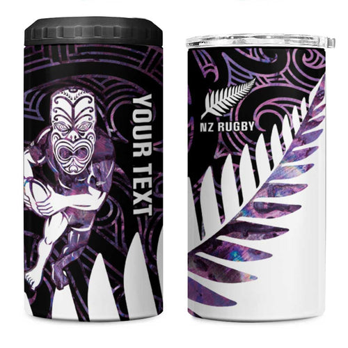 New Zealand Silver Fern Rugby Custom 4 in 1 Can Cooler Tumbler Go All Black Purple Maori Paua Shell - Aussie Hoodie