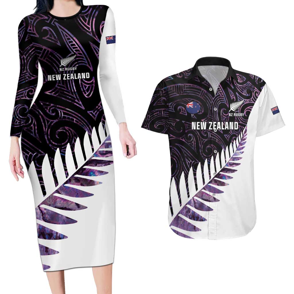 New Zealand Silver Fern Rugby Custom Couples Matching Long Sleeve Bodycon Dress and Hawaiian Shirt Go All Black Purple Maori Paua Shell - Aussie Hoodie