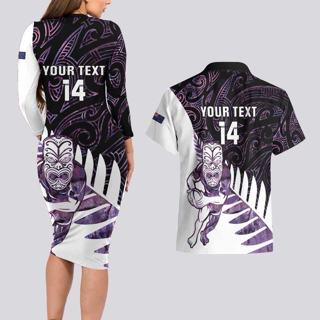 New Zealand Silver Fern Rugby Custom Couples Matching Long Sleeve Bodycon Dress and Hawaiian Shirt Go All Black Purple Maori Paua Shell - Aussie Hoodie