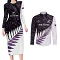 New Zealand Silver Fern Rugby Custom Couples Matching Long Sleeve Bodycon Dress and Long Sleeve Button Shirt Go All Black Purple Maori Paua Shell - Aussie Hoodie