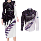 New Zealand Silver Fern Rugby Custom Couples Matching Long Sleeve Bodycon Dress and Long Sleeve Button Shirt Go All Black Purple Maori Paua Shell - Aussie Hoodie