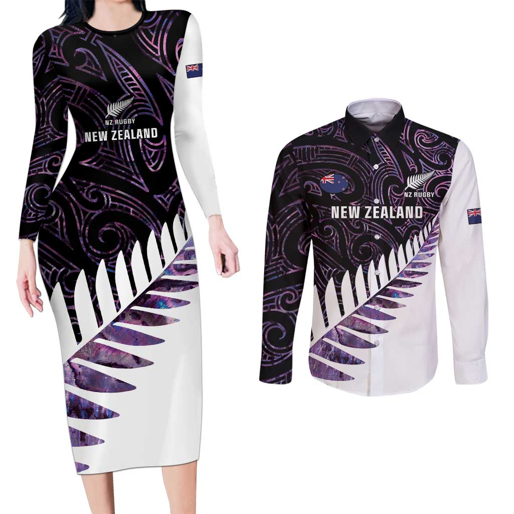 New Zealand Silver Fern Rugby Custom Couples Matching Long Sleeve Bodycon Dress and Long Sleeve Button Shirt Go All Black Purple Maori Paua Shell - Aussie Hoodie