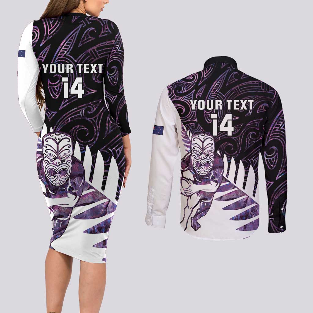 New Zealand Silver Fern Rugby Custom Couples Matching Long Sleeve Bodycon Dress and Long Sleeve Button Shirt Go All Black Purple Maori Paua Shell - Aussie Hoodie