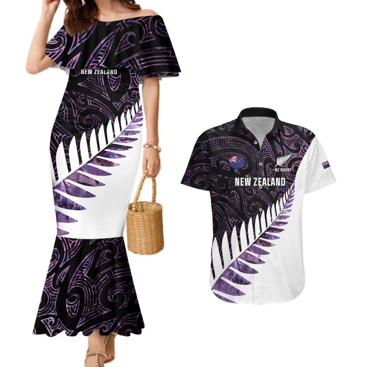 New Zealand Silver Fern Rugby Custom Couples Matching Mermaid Dress and Hawaiian Shirt Go All Black Purple Maori Paua Shell - Aussie Hoodie