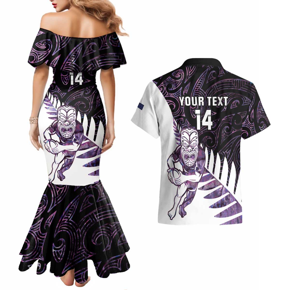 New Zealand Silver Fern Rugby Custom Couples Matching Mermaid Dress and Hawaiian Shirt Go All Black Purple Maori Paua Shell - Aussie Hoodie