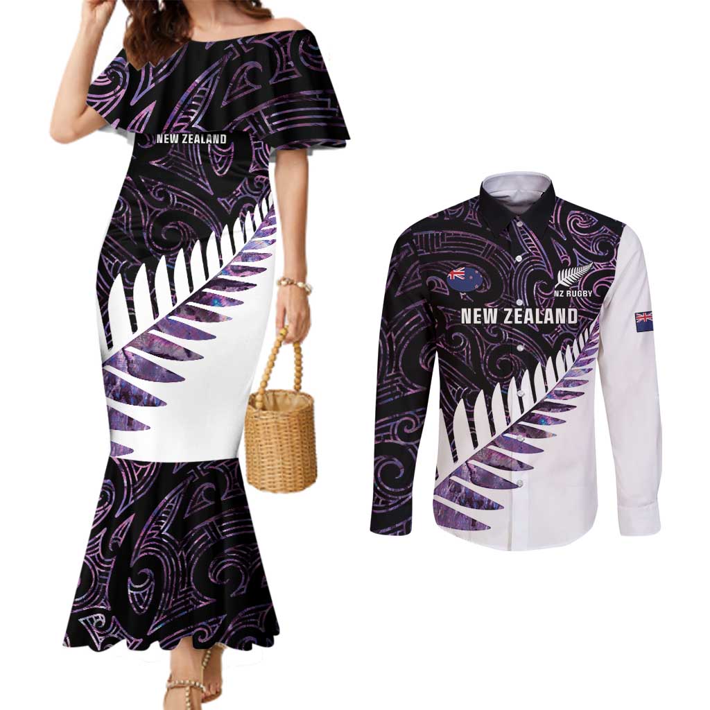 New Zealand Silver Fern Rugby Custom Couples Matching Mermaid Dress and Long Sleeve Button Shirt Go All Black Purple Maori Paua Shell - Aussie Hoodie