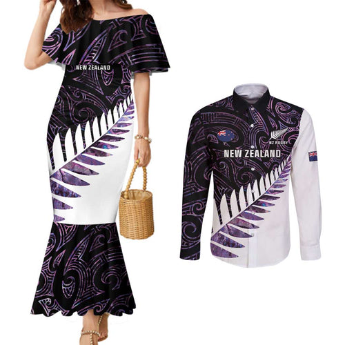 New Zealand Silver Fern Rugby Custom Couples Matching Mermaid Dress and Long Sleeve Button Shirt Go All Black Purple Maori Paua Shell - Aussie Hoodie