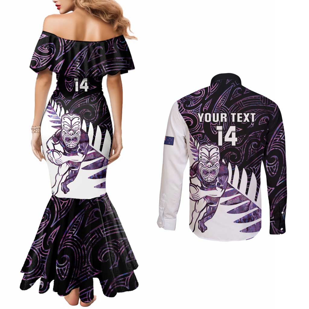 New Zealand Silver Fern Rugby Custom Couples Matching Mermaid Dress and Long Sleeve Button Shirt Go All Black Purple Maori Paua Shell - Aussie Hoodie
