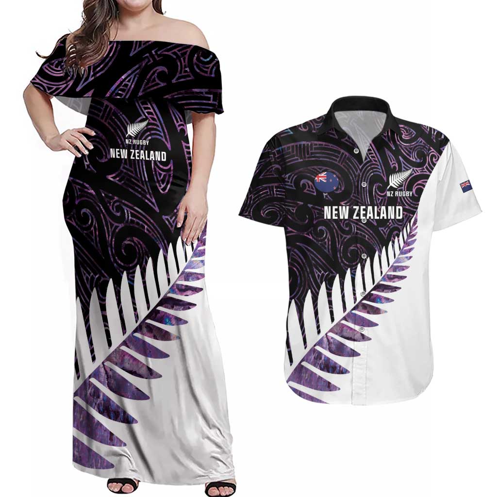 New Zealand Silver Fern Rugby Custom Couples Matching Off Shoulder Maxi Dress and Hawaiian Shirt Go All Black Purple Maori Paua Shell - Aussie Hoodie
