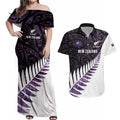 New Zealand Silver Fern Rugby Custom Couples Matching Off Shoulder Maxi Dress and Hawaiian Shirt Go All Black Purple Maori Paua Shell - Aussie Hoodie