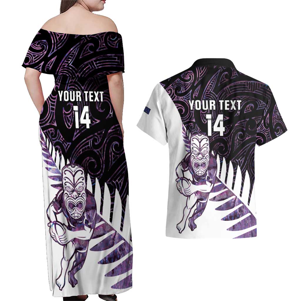 New Zealand Silver Fern Rugby Custom Couples Matching Off Shoulder Maxi Dress and Hawaiian Shirt Go All Black Purple Maori Paua Shell - Aussie Hoodie