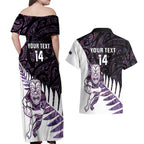 New Zealand Silver Fern Rugby Custom Couples Matching Off Shoulder Maxi Dress and Hawaiian Shirt Go All Black Purple Maori Paua Shell - Aussie Hoodie